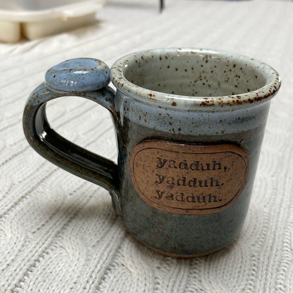 Artisan glazed coffee cup. Pottery. Stoneware. Yadduh, yaddah, yaddah 2 toned - Picture 2 of 9